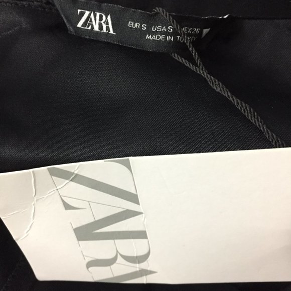 NWT ZARA Long Sleeve Black Satin Button Collared Flap Tie Overlay Front Dress - Picture 2 of 14